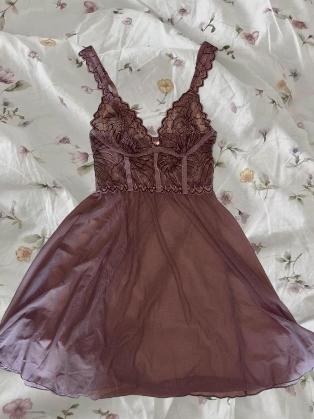 La Vie En Rose - Sheer Lace Babydoll Slip Dress in Dusty Mauve